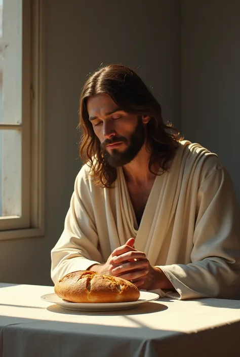 Jesus sitting in front of him has a modern table with a plate of bread