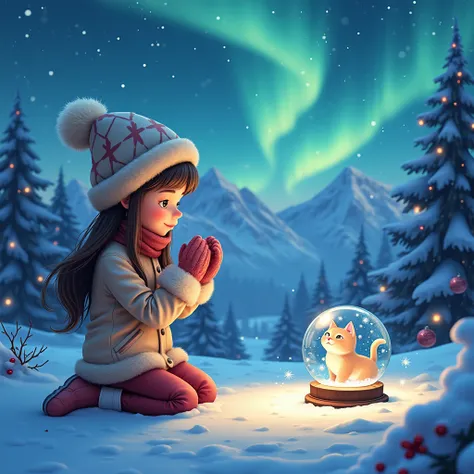  Crystal Ball Close-up of a Cat Visible Snow Northern Lights and Snowy Mountains, Reindeer Christmas Trees , New Year&#39;s garlands,  Very Beautiful The Girl Looks in Her Hands and Looking into the Crystal Ball ,  A girl in a hat with a bubon and Warm Fur...