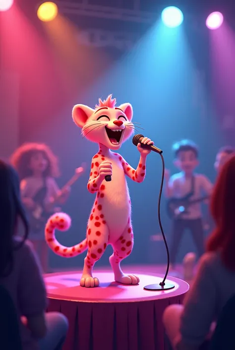 A pink female cheetah is singing in front of a microphone at a live venue、cute