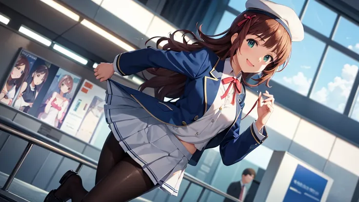 CG, Unity, 8k,  wallpaper,   best quality ,   Masterpiece ,  1 girl, Amami Haruka,  flight attendant ,  cowboy shooting,  standing,  look at the viewers, Wavy, (smile: 1.2),  open her mouth ,  navy blue uniform , tight short skirt, (Thin pantyhose), Thighs...