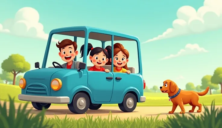  Cartoon father,mother and A cartoon  little cute girl (big curious eyes,big cheeks,two black pony tailed hair) went on a big blue bug car . A cartoon golden retriever with a fluffy coat, wagging tail,( belt with a collar named GOLDIE and address) is sniff...