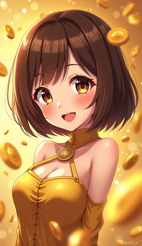  japanese Anime girl, brown bob cut hairs, cute face, millionare anime girl, ultra-fine illustration, vibrant colors, beautiful anatomy, close mouth, happy gesture, depicting as a millionare rich anime girl, with gold coins background environment, mid shot...