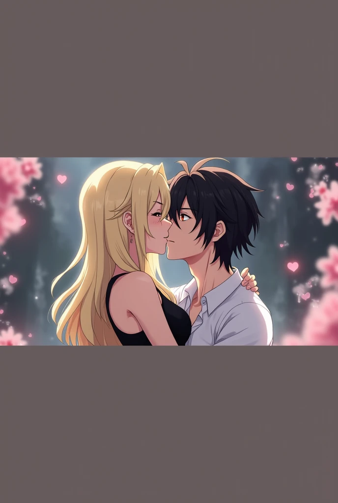 Black-haired, red-eyed man kissing a physically fit woman with long blond hair anime version 