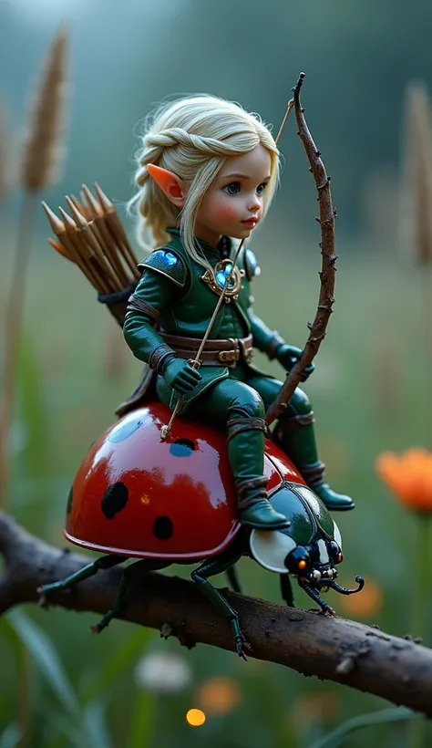 A hyper-realistic macro photograph of a tiny elven archer seated gracefully on the back of a brilliantly red ladybug. The archer wears green leather armor adorned with glowing shards of crystal that pulse softly with a calming blue light. Her intricate bra...