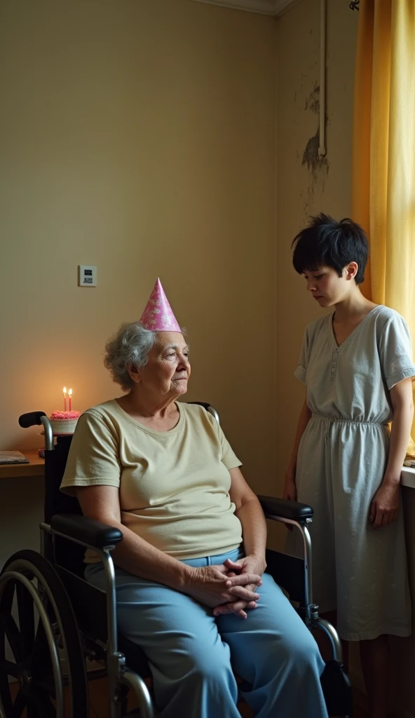  The image shows a scene in a simple and worn environment ,  with warm lighting that creates an atmosphere of melancholy .
 At the center of the composition ,  there is an elderly woman sitting in a wheelchair .  The wall in the background is a light beige...