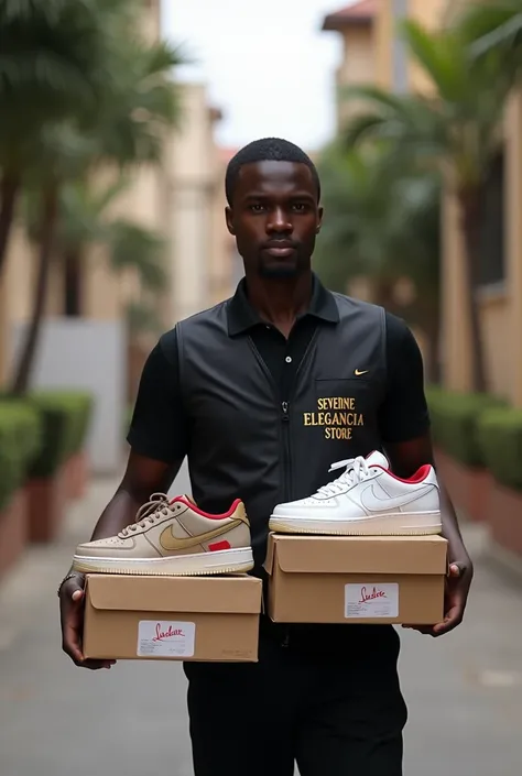  young black Angolan professional delivery man wearing a black vest with gold lettering saying Severine Elegancia Store, Delivery and order of a box of sneakers from Nike and another of expensive sneakers from Christian Louboutins to a customer 