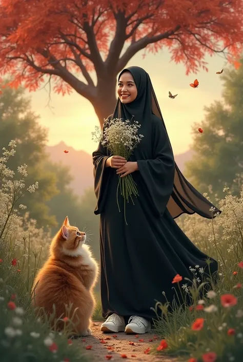 An adult girl wearing a hijab black shawl churvy wears a long black dress like flowing water made of chiffon, wears white sneaker,Walking Towards the front a gray giant ang big cubby cat Thick hairy, they are Facing the camera, in a place where lots of wee...