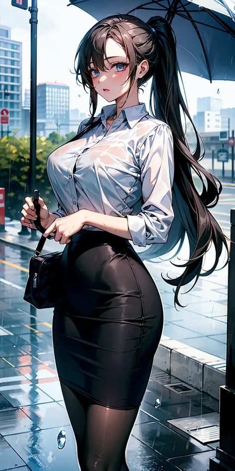 (Ridiculous high resolution, high resolution, masterpiece, Extremely detailed:1.2), 1 Girl,blue eyes, Black long hair,high ponytail，white shirt, black pencil skirt, Pantyhose, City Streets,Cowboy-shot,, rain, raindrops, wet clothing, holding an umbrella, s...