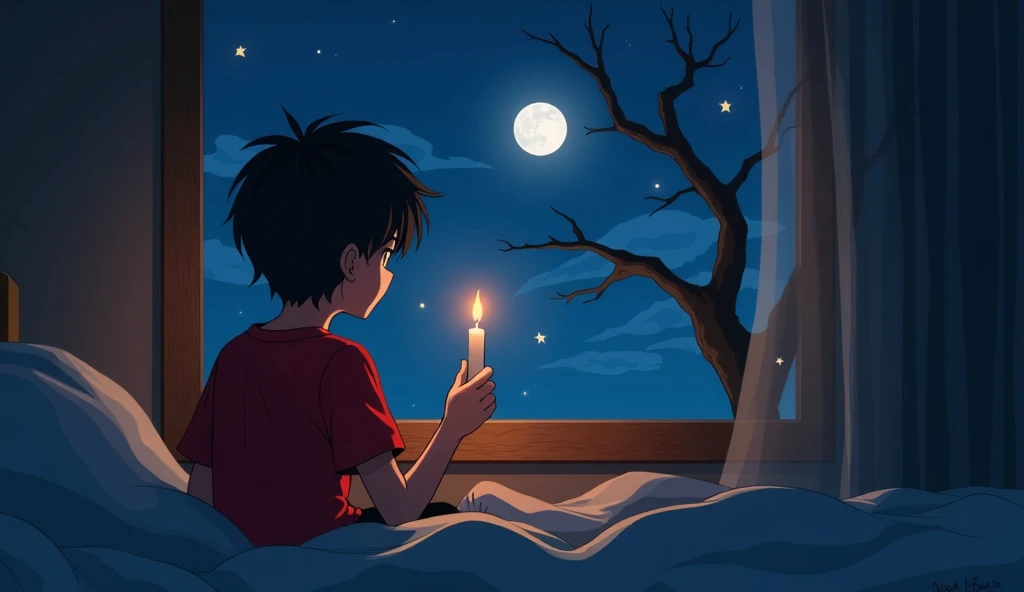 1
anime boy, wearing red t shirt,  sitting on bed with candle in hand looking towards window at broken branch of a tree, white background, emotional picture, night with moon and candle, night-time, night - time, by Goro Fujita, cozy night fireflies, sad fe...