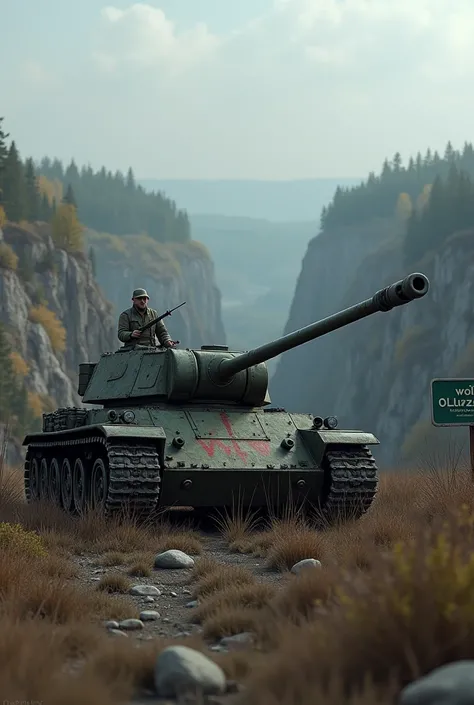 tank on the border with the sign Wolka Oludzka 
And on the other side of the ravine