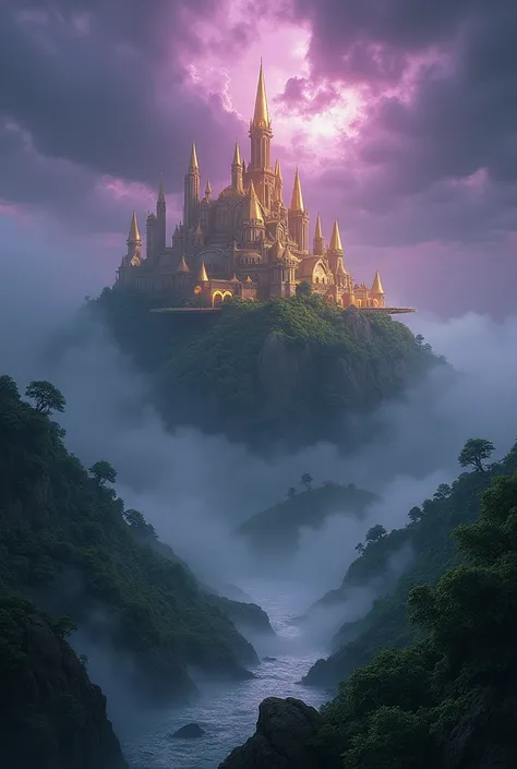 A mystical island appearing through thick ocean mist, with glowing golden towers and lush green forests under a purple-hued sky."