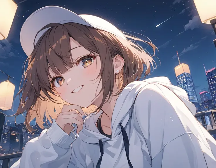 Anime Style, 1 woman, wearing a hat, brown hair, short bob, blowing in the wind , dark eyes,Sparkling Eyes,Sparkling Eyesのハイライト ストリートダンサーの衣装, wear a sports bra, Wear a White Hoodie ,Cap Hat, loose socks,sweat, best smile,A moment of youth, Emphasis on wome...