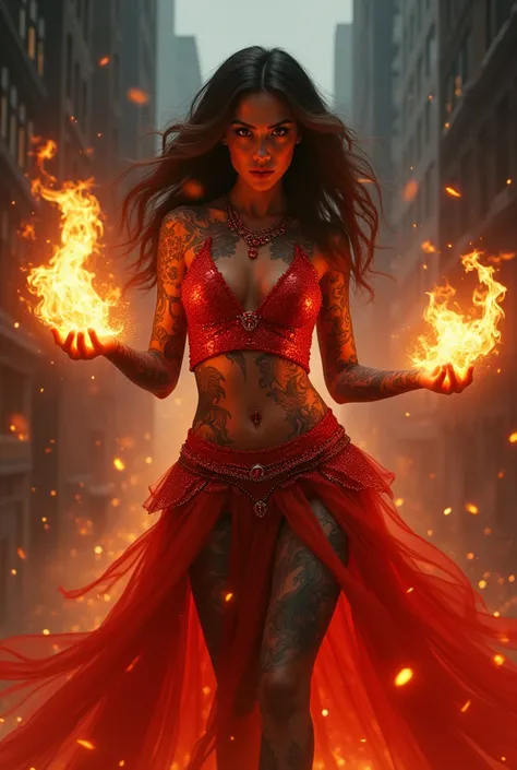 Flames are coming out of my hands  , Dancing in Hellfire ,  fluttering from your hands and body, adorned with ruby jewels,  New York Cityscape　 Confident Smile , ( best quality,4K,8k, high definition ,  Masterpiece :1.2), ultra detailed ,(Realistic,photoRe...