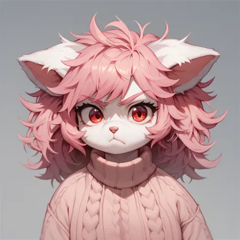 score_9, score_8_up, mobian, cute, girl, dog, solo, pink cat ears, white fur, oversized sweater, medium pink hair, messy fluffy hair, red eyes, annoyed