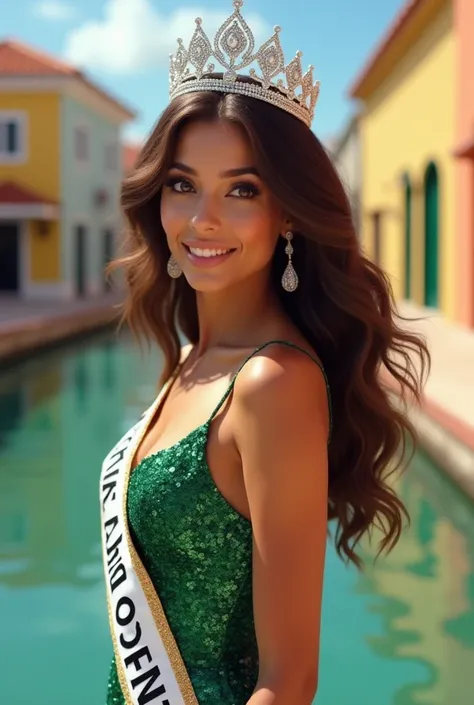 Miss Universe Aruba, Photoshoot, Wearing a Sparkling Crown, Wearing "Miss Universe" Sash, Wearing Green Fancy Gown, Realistic, Ultra HD, Highlt Detailed, Detailed Face, Detailed Hair, Detailed Skin, Wavy Hair, Light Brown Hair, Oranjestad City as Backgroun...