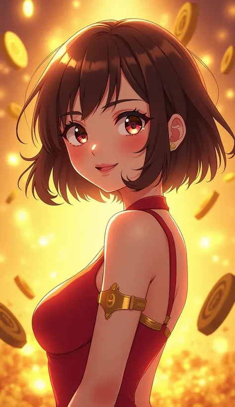  japanese Anime girl, brown bob cut hairs, millionare anime girl, ultra-fine illustration, vibrant colors, beautiful anatomy, close mouth, happy gesture, depicting as a millionare rich anime girl, with gold coins background, rich environment,