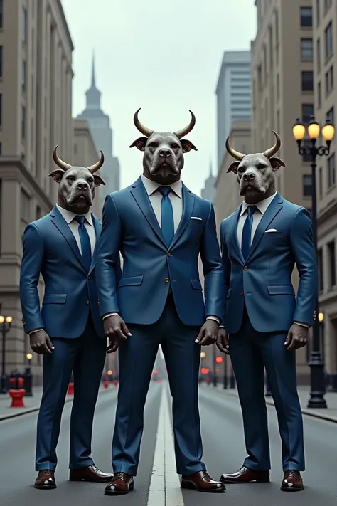 Three human form bitbull dog wear blue suit stand on city road