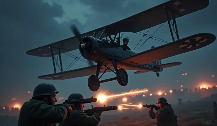 Generate image of bunch of young female pilots inside a flying biplane at night and the German soldiers firing gunfire from the ground during the World War Two 