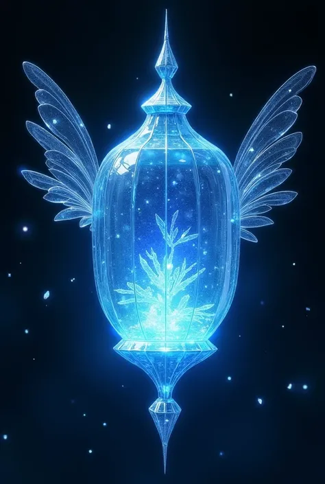 Blue crystal in the shape of a Chinese lantern with ice crystals inside, as a family emblem, with fairy wings, frame in white, black background
