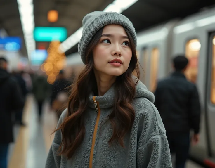 rule of third side-view photo; magazine cover photo; a professional photography of a beautiful young blond woman standing in a crowd train station; detailed beautiful face; she is an Asian woman; she smile gently looking at a train run by, she wearing an f...