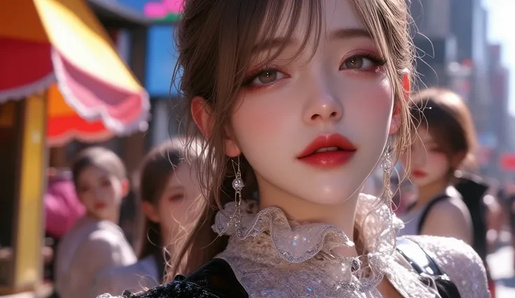 (masterpiece, Best picture quality, 8k), Real photo,Idol appearance, adult,  perfection of fashion,  Korean makeup, Lip Tint, whole body,frontal,Outdoor,A faint smile, Busy City Streets, Exquisitely Painted , Realistic,  ultra high definition , 3D image,  ...