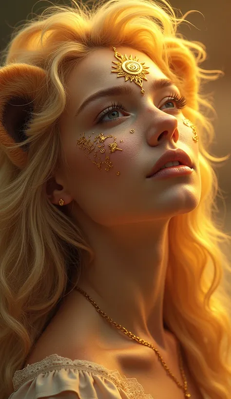 Portrait of a breathtakingly beautiful woman with flowing golden hair, her face adorned with delicate 3D Leo zodiac symbols. Behind her, a powerful lion roars in a mystical, celestial setting with vibrant golden and orange tones."
