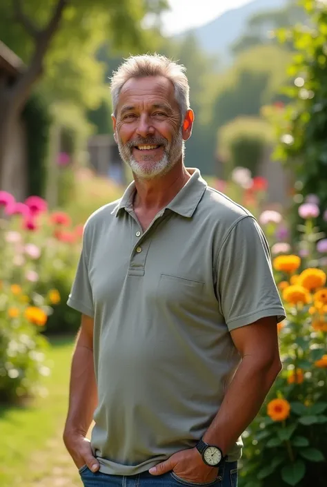  Make it two pictures showing a man standing outdoors against a bright garden background.  In the first image ,  the man is wearing a blue T-shirt and jeans ,  with a small mole on the right cheek . In the second image ,  the same man is wearing the same c...