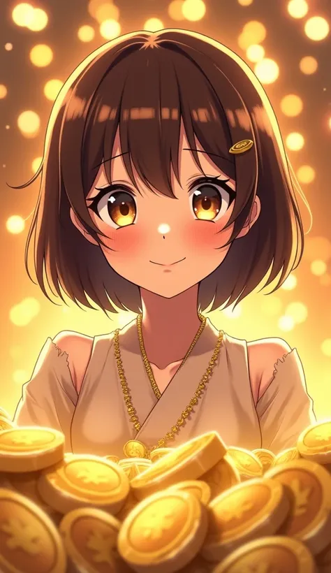  japanese Anime girl, brown bob cut hairs, round face, cute face, millionare anime girl, ultra-fine illustration, vibrant colors, beautiful anatomy, close mouth, happy gesture, depicting as a millionare rich anime girl, with gold coins background, rich env...