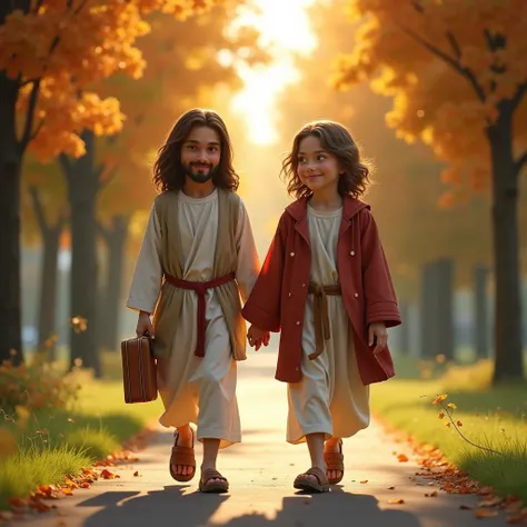 Generate an ultra-realistic 4K image: Jesus and Satan as young ren, walking hand-in-hand to school. They are both dressed in simple, modern clothes, and their expressions show a sense of camaraderie. The path is peaceful, surrounded by vibrant trees and th...