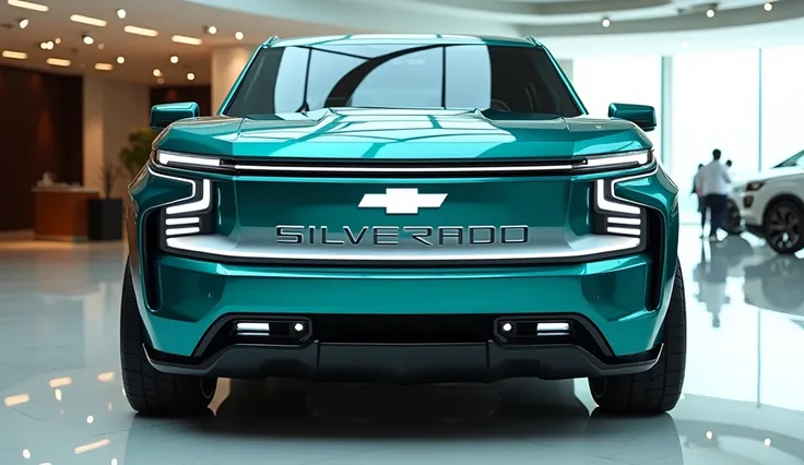 Close straight front  view of painted gleamy  metallic teal or turquoise with shiny clour 2025 Chevrolet Silverado EV RST picup sleek in large shape sedan in large size with Chevrolet logo on its large detailed grille in shiny white clour with angular spor...