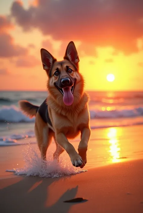 German dog playing on a beautiful beach at a stunning sunset