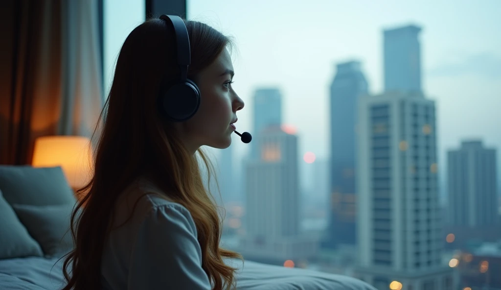 full body. A 20-year-old young woman with long hair, viewed from the side. She is wearing a headset and sitting by the window, looking out with a bedroom-like background. The rooms lighting is slightly dim, and outside the window, a modern city with tall, ...