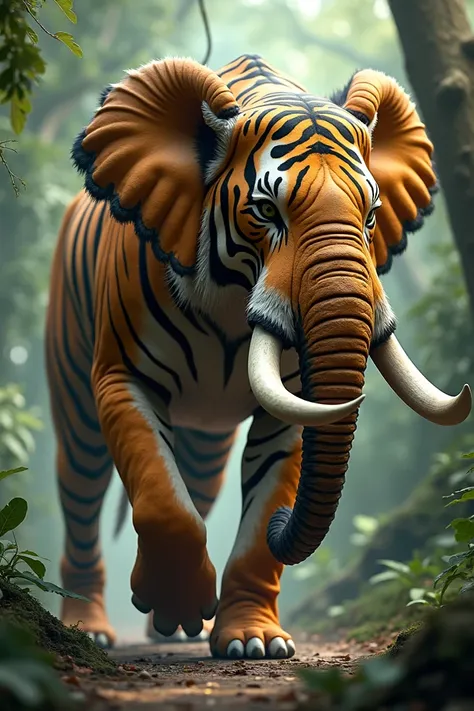 A tigers sleek, striped body fused with an elephants tusks and trunk. The creature moves stealthily despite its large size, blending power and agility.