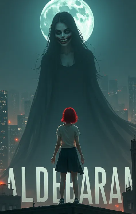 16-year-old red-haired girl wearing clothes at the top of a building where there are letters that say Aldebaran where there is a specter woman with a long dress and a macabre smile 