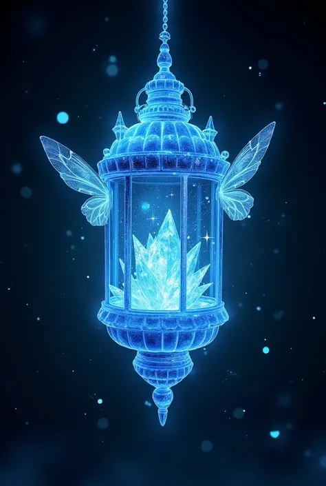 Blue crystal in the shape of a Chinese lantern with ice crystals inside, as a family emblem, with fairy wings, frame in white, black background
