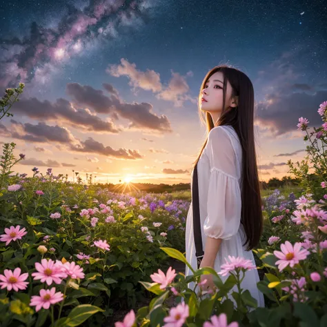  best quality, expensive_resolution,  clear_image,  detailed background,  girl, flower, garden,  starry sky ,