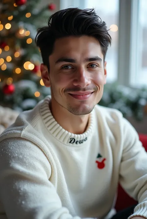 photorealism: 1.2), Handsome man, eropa man ,face man,sitting in the living room, snowy atmosphere snow, beautiful eyebrows,small sharp nose, sweet peach lips, wearing a Christmas sweater simpel white small red desain,quiff hair ,hair color black,use , whi...