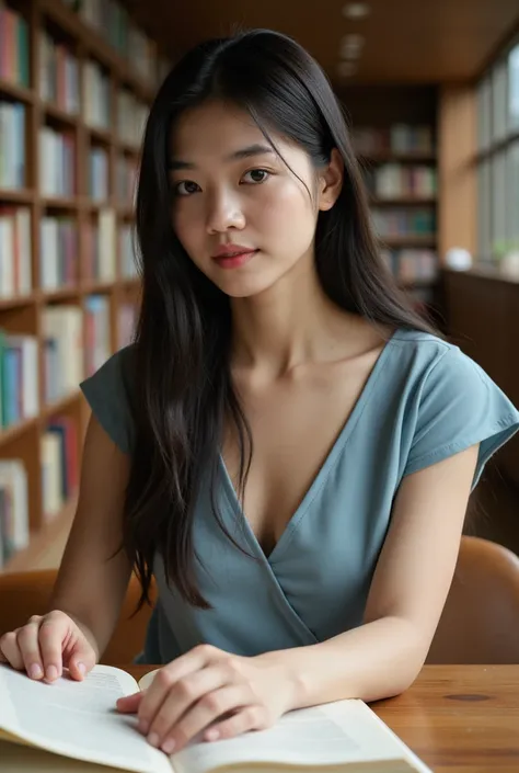 Photo of a Korean woman studying in a library.  black hair . A picture of a Korean woman who is 172 cm tall and weighs 56 kg . Im wearing a short-sleeved dress that covers my chest. Front view photo.