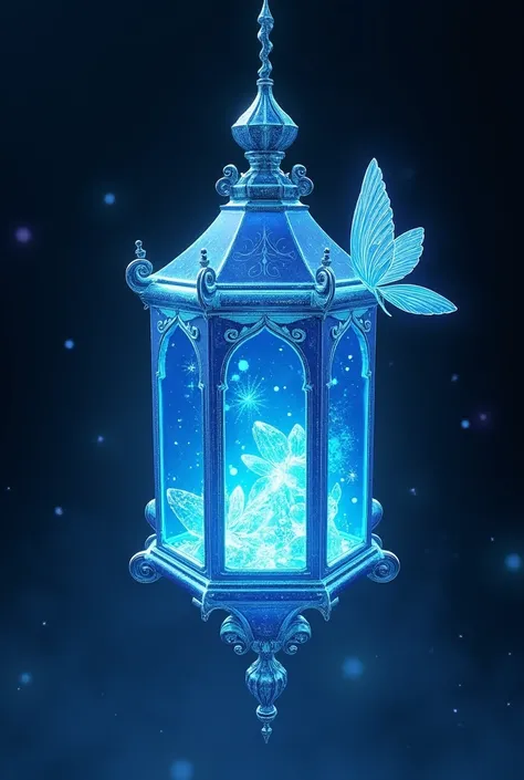 Blue crystal in the shape of a Chinese lantern with ice crystals inside, as a family emblem, with fairy wings, frame in white, black background
