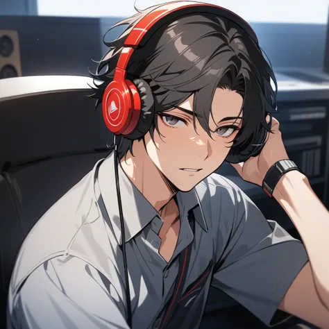 masterpiece, perfect, man, handsome, short to medium black hair, dark eyes, student uniform, cool face, slightly open lips, music student, wearing headphones