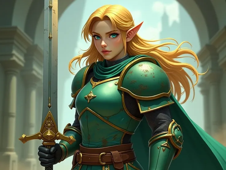 LINKIRNI ,  knight of Hyrule ,  master sword has left hand ,  green damaged light armor,  crystal blue eyes ,  blond hair, oreille en pointe