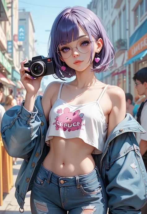 creative girl with bright purple bangs and round glasses, dressed in an oversized denim jacket with pins, holding a disposable camera, very small breasts, waist-up, 