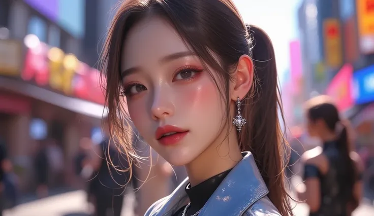 (masterpiece, Best picture quality, 8k), Real photo,Idol appearance, adult,  perfection of fashion,  Korean makeup, Lip Tint, whole body,frontal,Outdoor,A faint smile, Busy City Streets, Exquisitely Painted , Realistic,  ultra high definition , 3D image,  ...