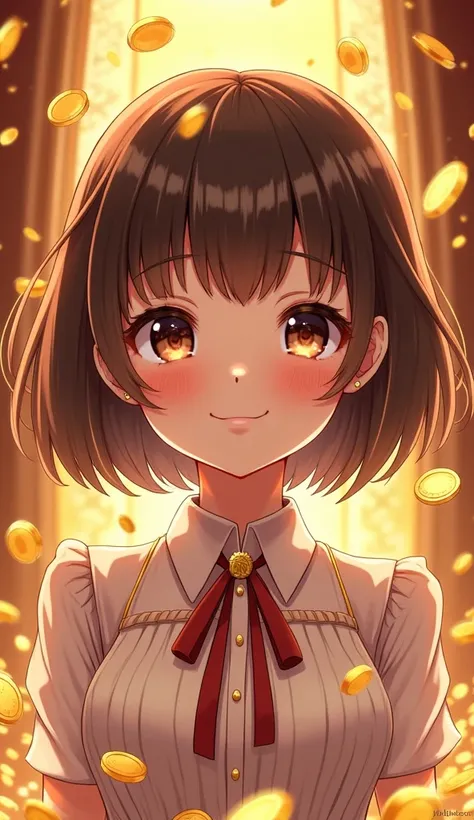  japanese Anime girl, brown bob cut hairs, round face, cute face, millionare anime girl, ultra-fine illustration, vibrant colors, beautiful anatomy, close mouth, happy gesture, depicting as a millionare rich anime girl, with gold coins background, rich env...