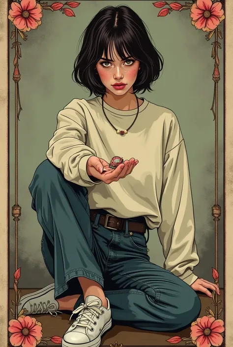 masterpiece,  Tarot Aesthetics ,  vintage line-art  vintage aesthetics,  Seductive Teenage Divas ,  Oversized Sweatshirt , High Waist Dark Wash Flare Jeans,  sneakers,, In Danger ,  Melancholy Poses ,  vintage,  Sexy and Curious ,  vintage line-art aesthet...