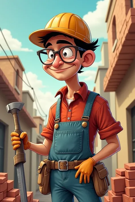 . A man of about 65 years old with a thin build , Peruvian, True hair , with glasses .  On his head a bricklayers hat and in his hand a saw.  The image that is like a cartoon 