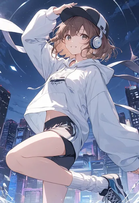 Anime Style,1 woman dancing, wearing a hat, brown hair, short bob, blowing in the wind , dark eyes,Sparkling Eyes,Sparkling Eyesのハイライト ストリートダンサーの衣装, wear a sports bra, Wear a White Hoodie , headphones, loose socks,sweat, best smile,A moment of youth, Empha...