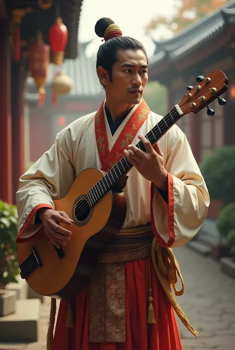 A brown man playing pagoda holding an instrument