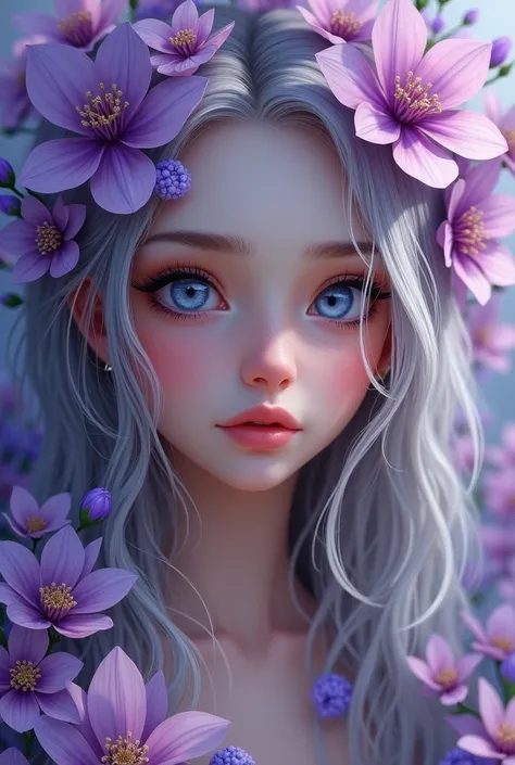 Draw Laura Magicas face with her eyes open in light blue, her hair in ash color and surrounded by lilac and purple flowers