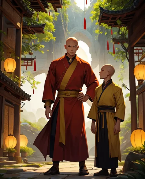 1 bald young man , Please create an image of a bald Shaolin priest, a big tall, very handsome looking 17-year-old teenager with a strong and muscular body, standing. ,  wearing an ancient kung fu suit in red and gold tones.. . The priest is in a combat tra...